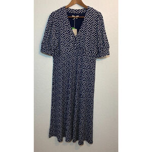 Boden Size 12R Navy Polka Dot Eva Jersey Midi Dress Puff Short Sleeve V-Neck.